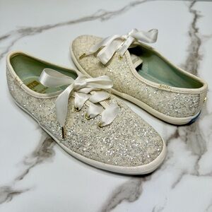 Keds X Kate Spade Cream Glitter Lace Up Bride Bridesmaid Women’s Sneakers, 6